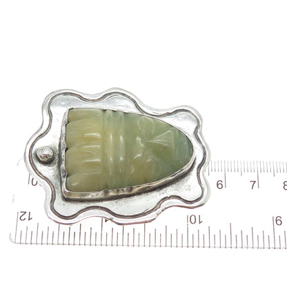 ELNA 925 Sterling Silver Vintage Mexico Real Jade Carved Mayan God Pin Brooch