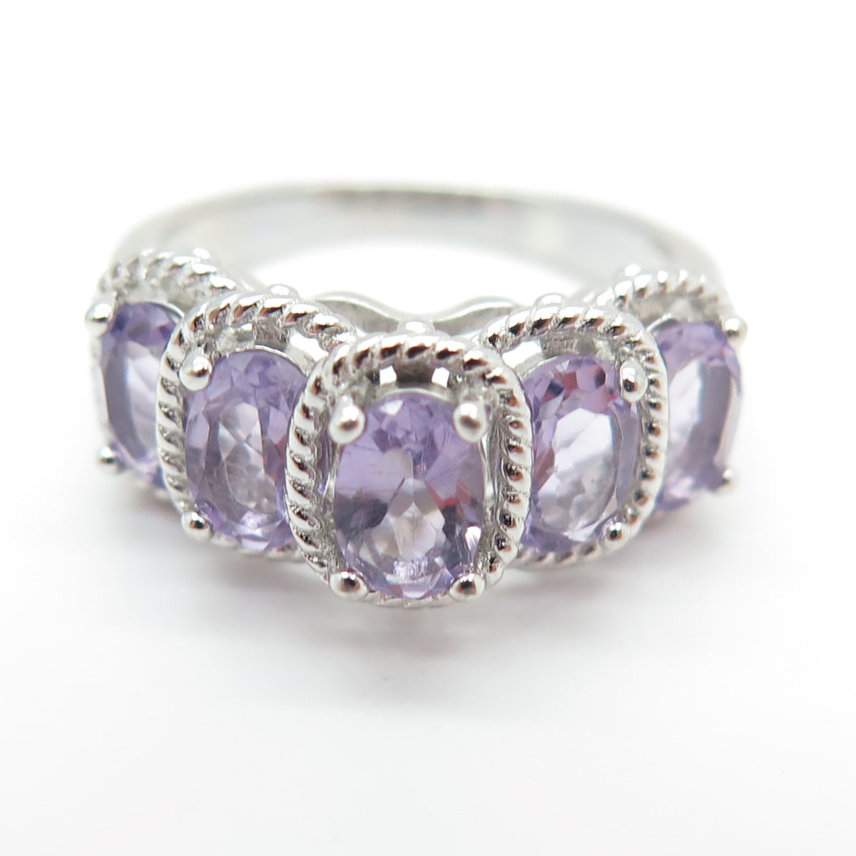 925 Sterling Silver Real Oval-Cut Amethyst Roped Ring Size 7