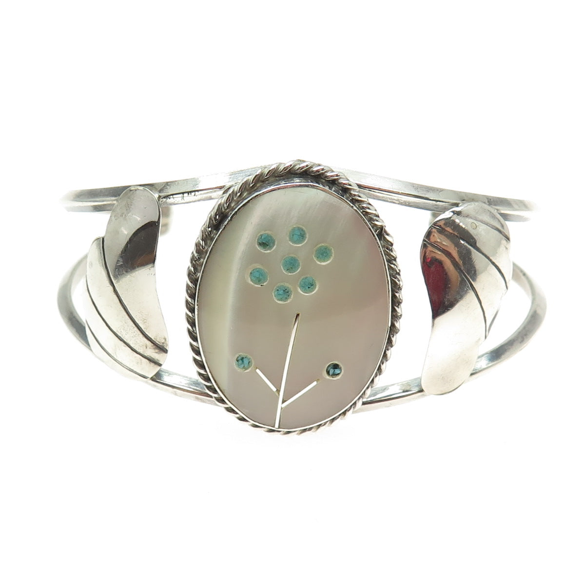Old Pawn 925 Sterling Vintage MOP & Turquoise Floral Adjustable Bracelet 6"