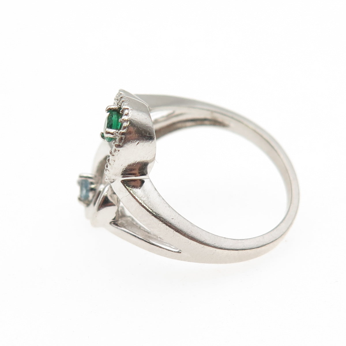 925 Sterling Silver Round-Cut Blue & Green C Z Interlocked Heart Ring Size 7.5