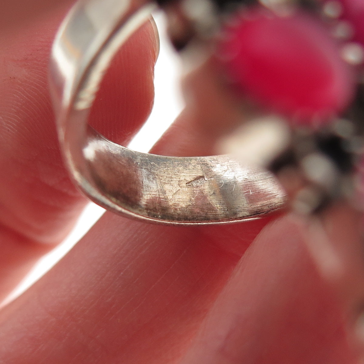 925 Sterling Vintage Pink Turquoise & Onyx Statement Adjustable Ring Size 8.75