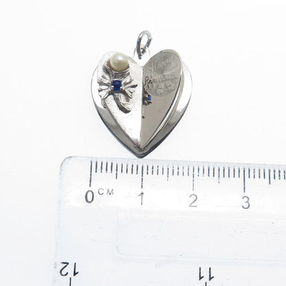 925 Sterling Vintage M&M Real Pearl Rhinestone Anniversary Heart Mini Pendant