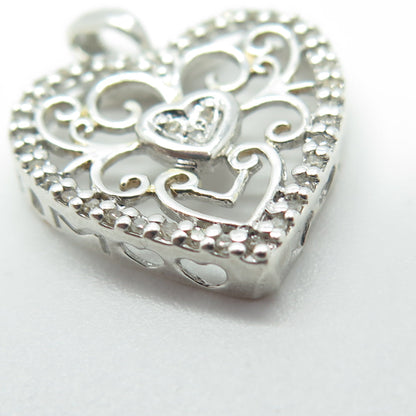 925 Sterling Silver Real Round-Cut White Diamond Ornate Heart Pendant