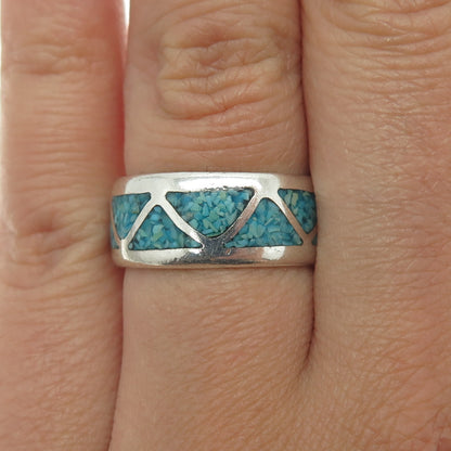 J&F Tsinijinnie Old Pawn Sterling Silver Vintage Turquoise Inlay Ring Size 6.25