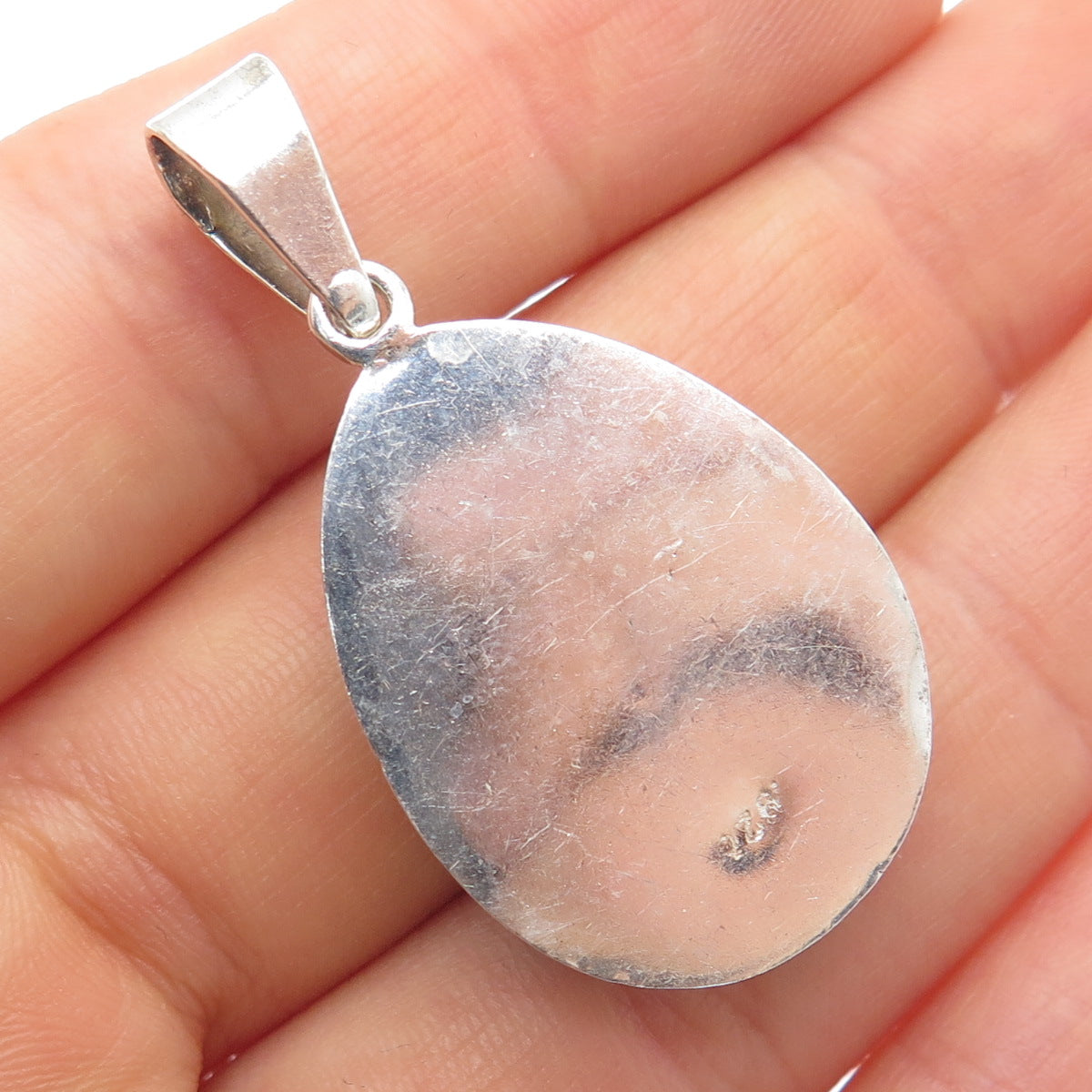 925 Sterling Silver Vintage Optic Fiber Blue Cat's Eye Teardrop Pendant