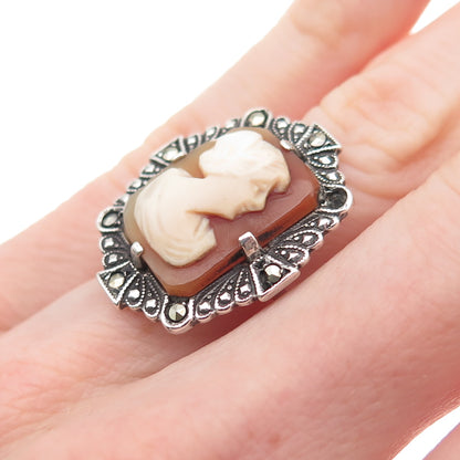 925 Sterling Antique MOP & Marcasite Lady Cameo Ring Size 5.25 (missing stone)