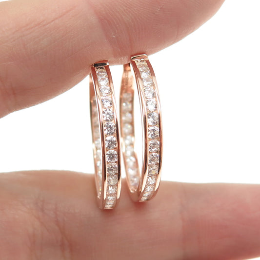 925 Sterling Silver Rose Gold Plated Pave C Z Huggie Earrings