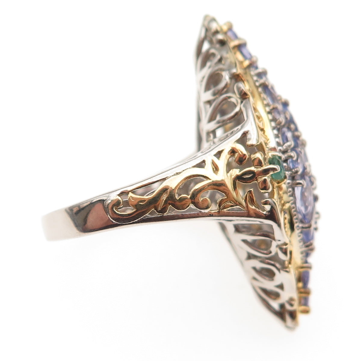 Chuck Clemency 925 Sterling Silver 2-Tone Real Tanzanite & Emerald Ring Size 8.5