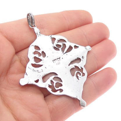 800 Silver Antique Art Deco Italy Flower Cross Religious Oxidized Pendant