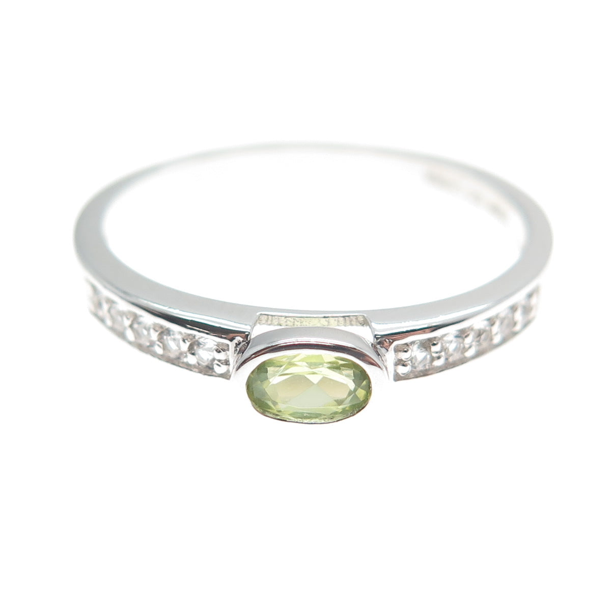 DSMK 925 Sterling Silver Real Oval-Cut Peridot & White Topaz Ring Size 9.25