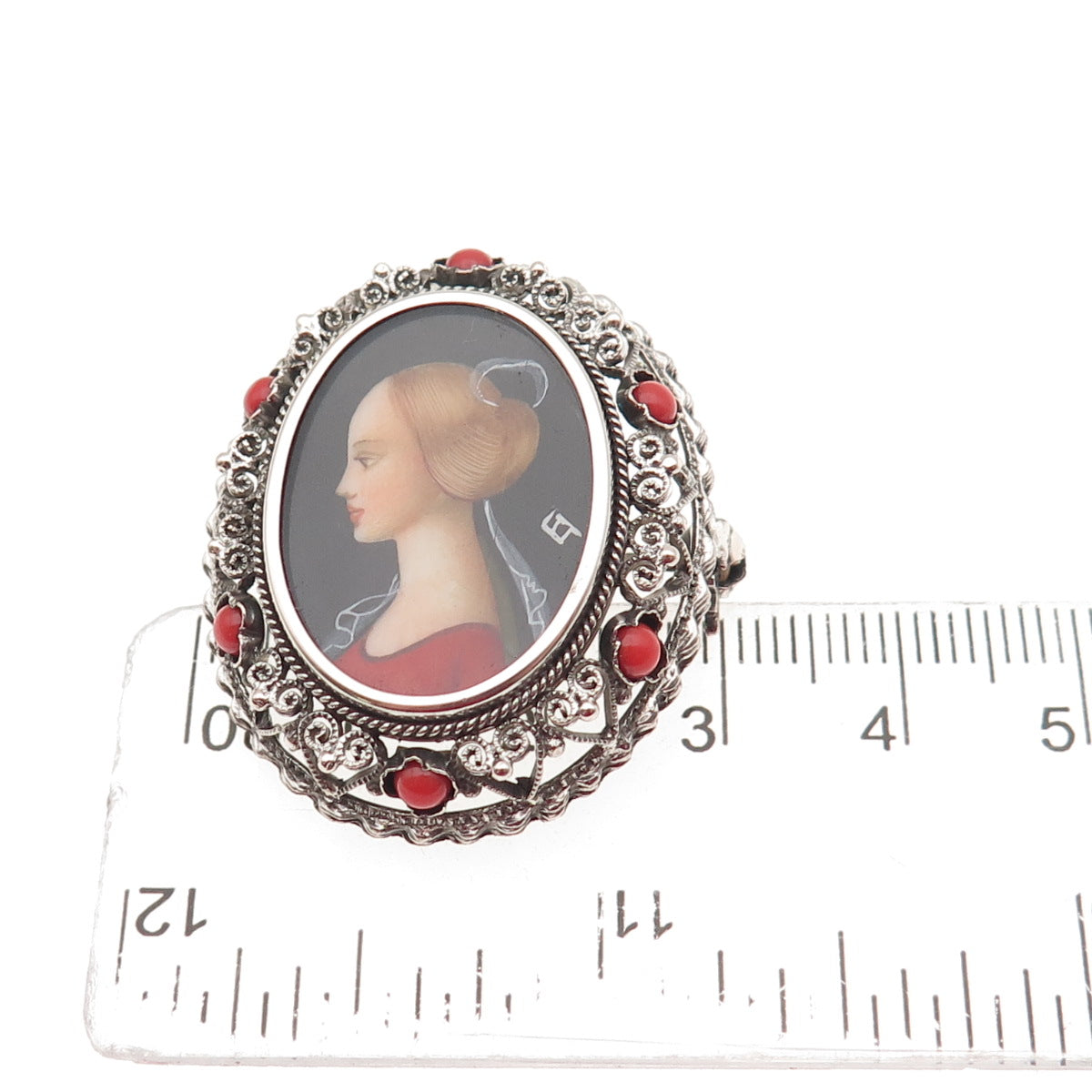800 Silver Antique Real Coral Hand-Painted Lady Portrait Pin Brooch / Pendant