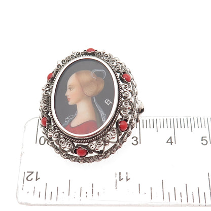800 Silver Antique Real Coral Hand-Painted Lady Portrait Pin Brooch / Pendant