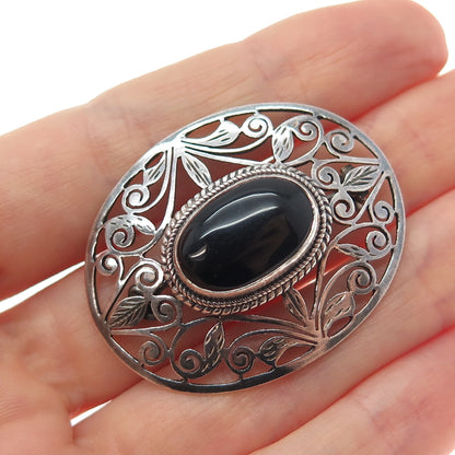 925 Sterling Silver Vintage Real Black Onyx Modernist Floral Oxidized Pin Brooch