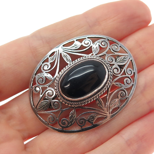 925 Sterling Silver Vintage Real Black Onyx Modernist Floral Oxidized Pin Brooch