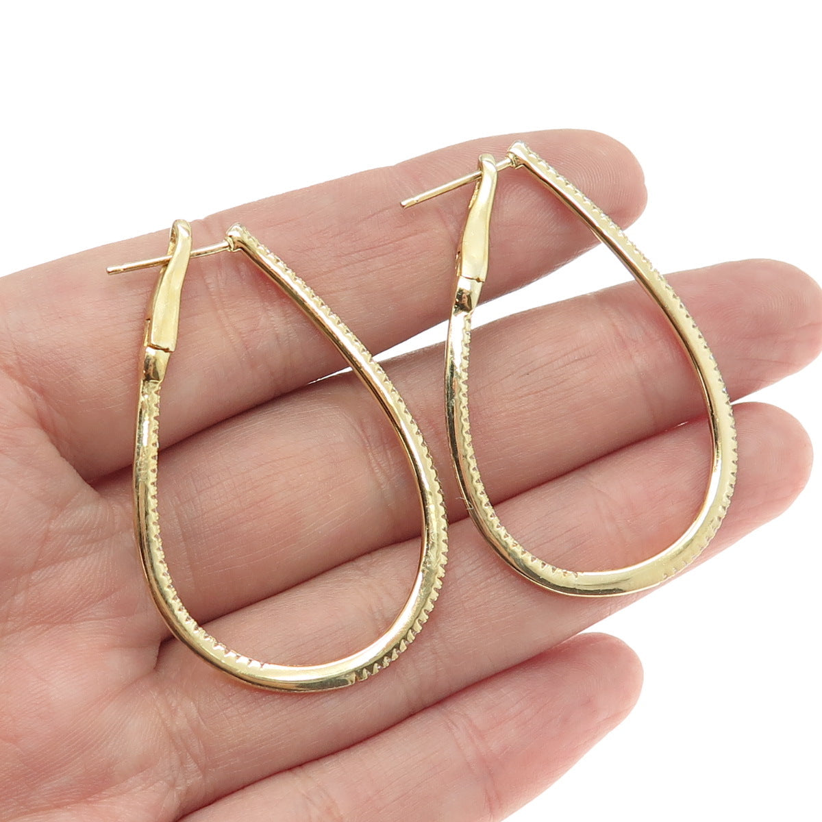 925 Sterling Silver Gold Plated Round-Cut C Z In & Out Drop Hoop Earrings