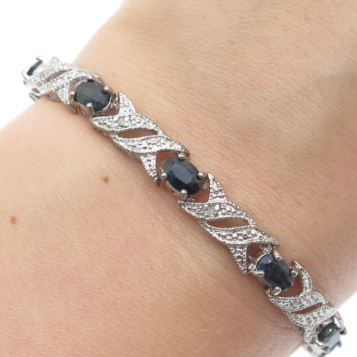 925 Sterling Silver Real Diamond Accent & Sapphire Gem XO Link Bracelet 7"