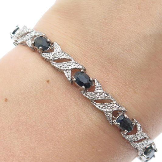 925 Sterling Silver Real Diamond Accent & Sapphire Gem XO Link Bracelet 7"
