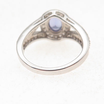 925 Sterling Silver Real Oval-Cut Tanzanite & Round-Cut White Topaz Ring Size 8