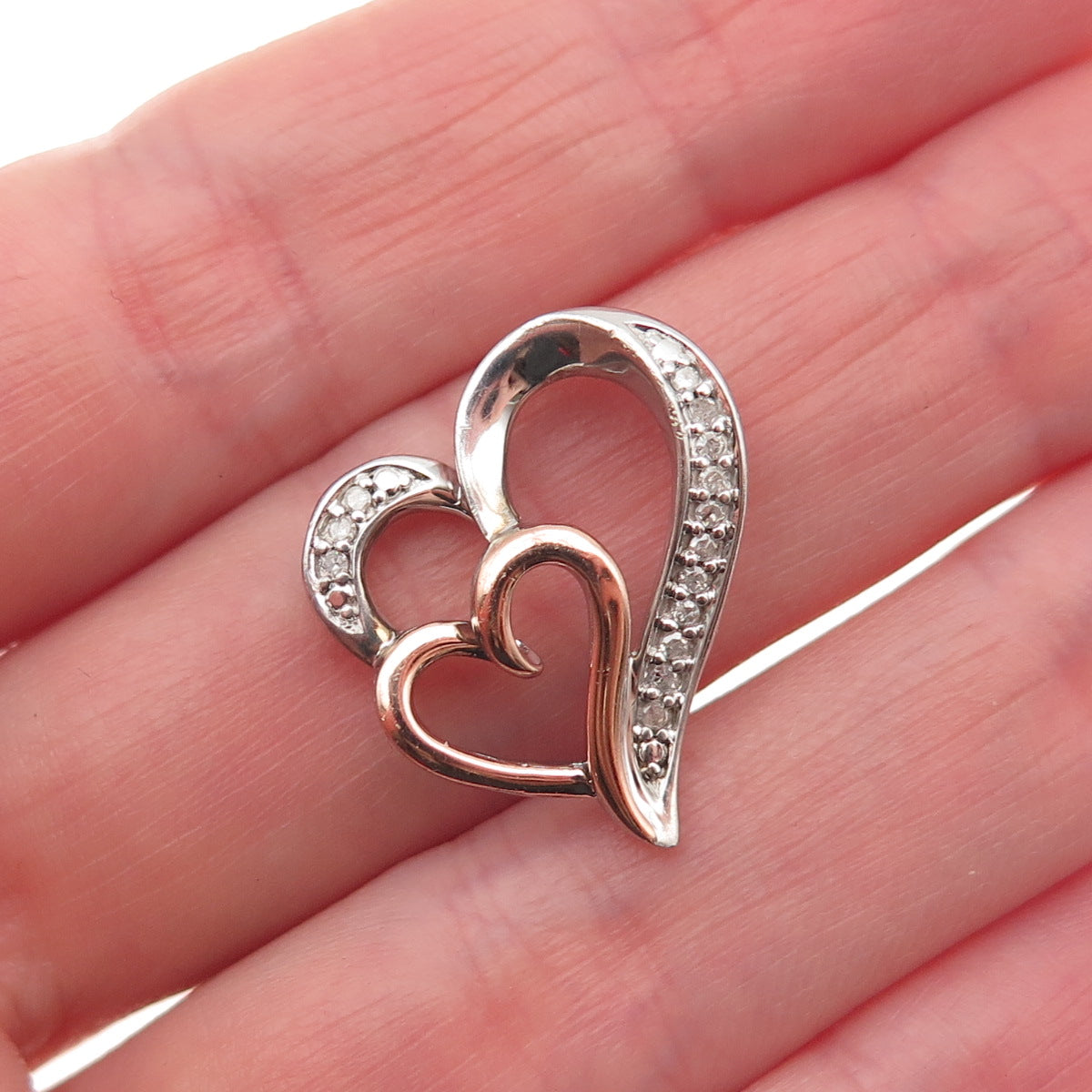 SUN 925 Sterling 14K Rose Gold Real Diamond Mom & Child Heart Mini Slide Pendant