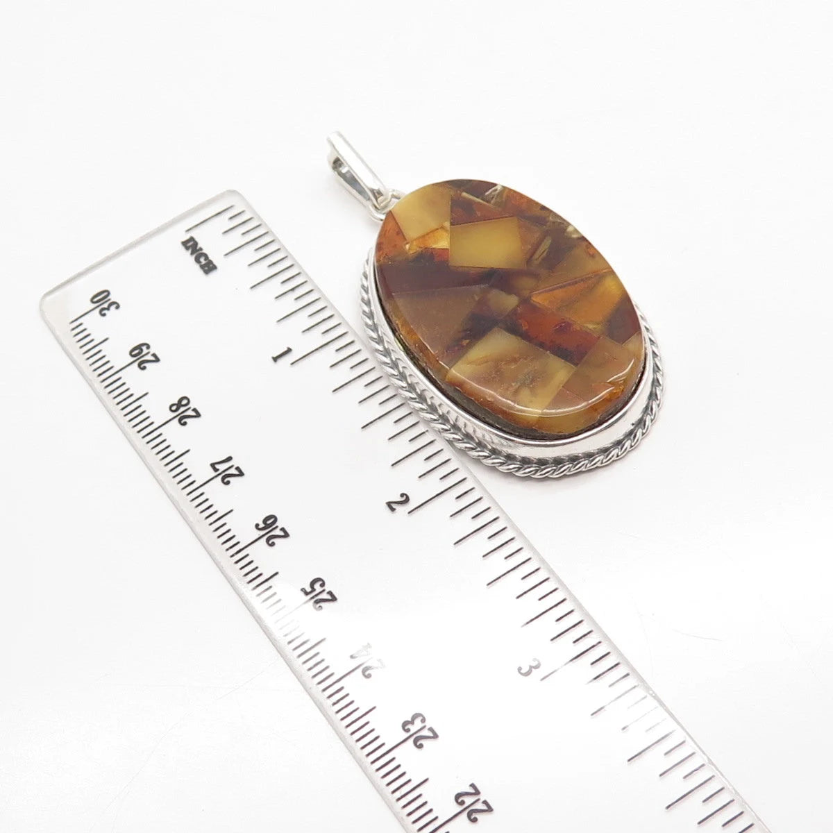 925 Sterling Silver Vintage Real Amber Twisted Oval Pendant
