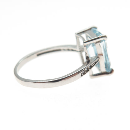925 Sterling Silver Real Emerald-Cut Blue & Round-Cut White Topaz Ring Size 6.5