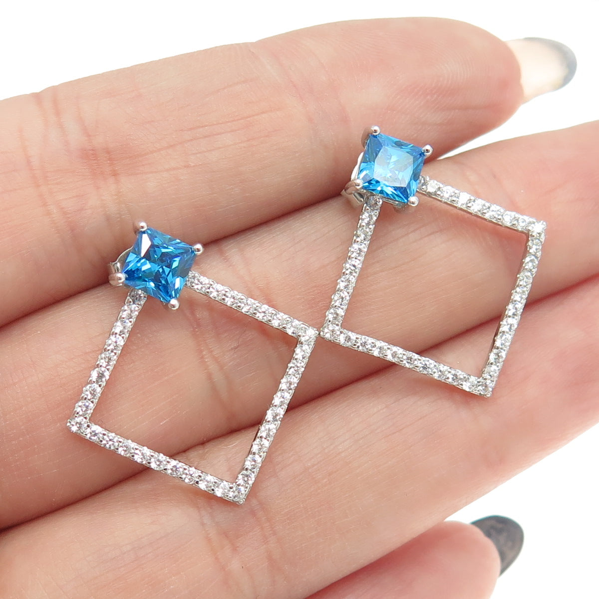 925 Sterling Silver Round & Princess-Cut white Blue C Z Square Earrings