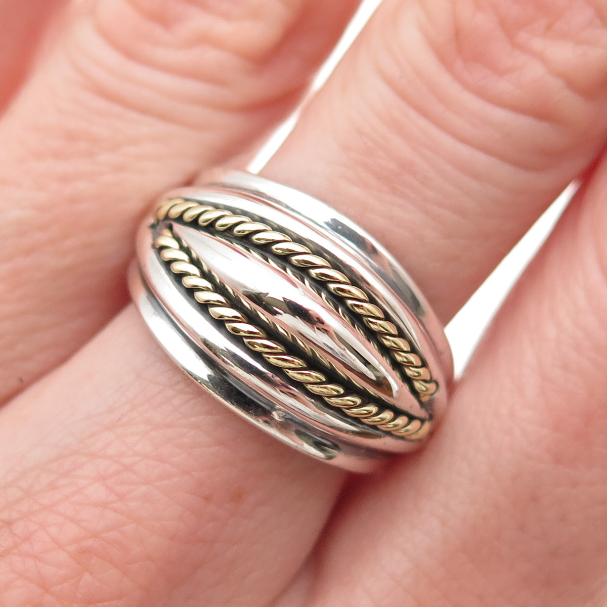 925 Sterling Silver 2-Tone Vintage Mexico Modernist Oxidized Ring Size 7.5