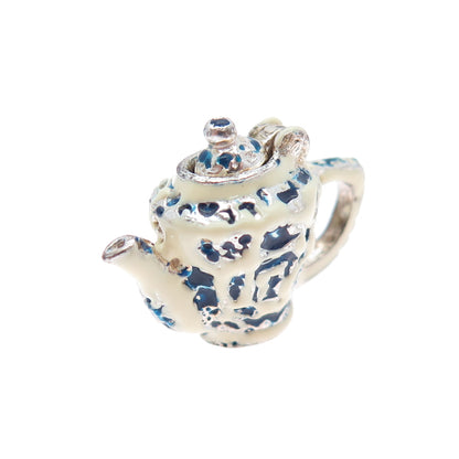 925 Sterling Silver Vintage Enamel Teapot Movable Minimalist 3D Charm Pendant