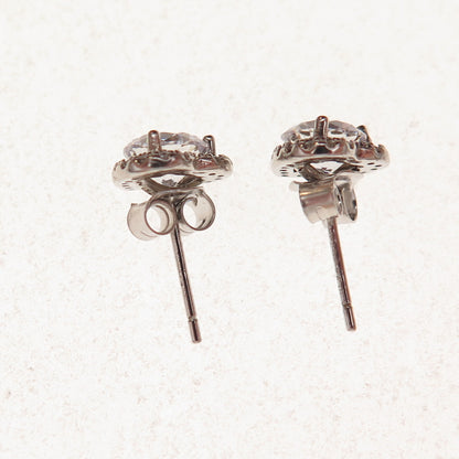 925 Sterling Silver Round-Cut C Z Heart Stud Earrings