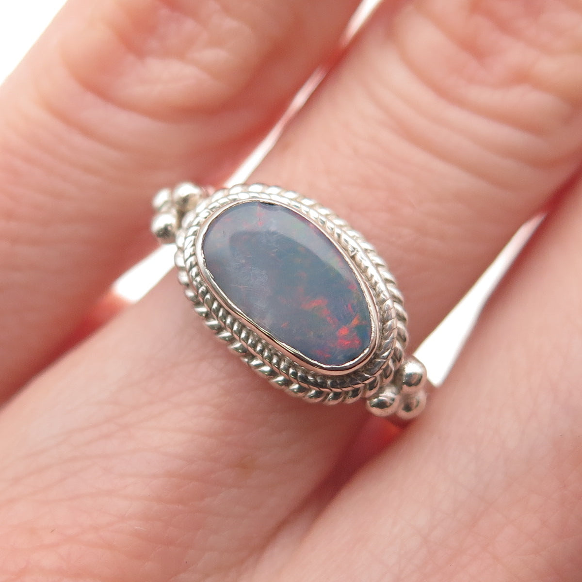 925 Sterling Silver Vintage Real Opal Modernist Beaded Ring Size 5.25