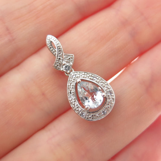 925 Sterling Silver Real White Topaz & Aquamarine Teardrop Minimalist Pendant
