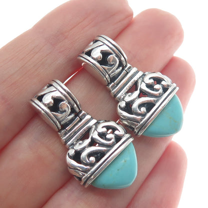 925 Sterling Silver Vintage Real Kingman Turquoise Gem Boho-Style Drop Earrings