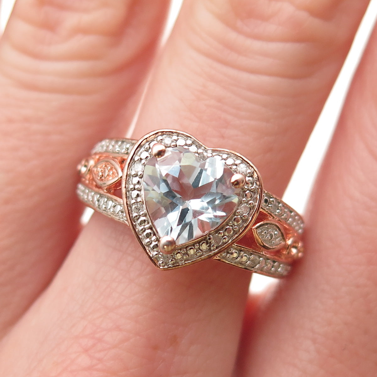 925 Sterling Silver Rose Gold Plated Diamond & Blue Topaz Heart Ring Size 7.25
