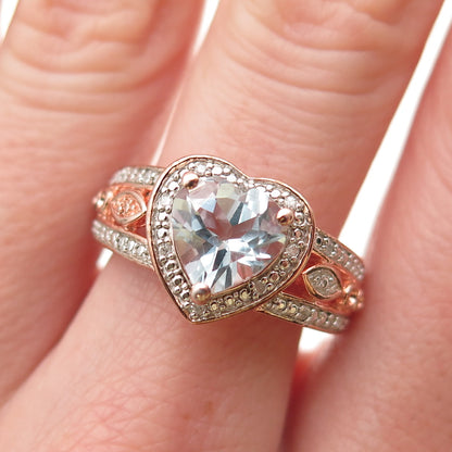 925 Sterling Silver Rose Gold Plated Diamond & Blue Topaz Heart Ring Size 7.25