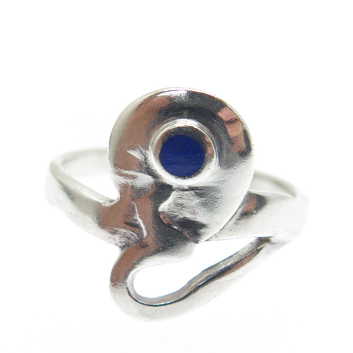 925 Sterling Silver Vintage Real Lapis Modernist Hammered Heart Ring Size 7.75