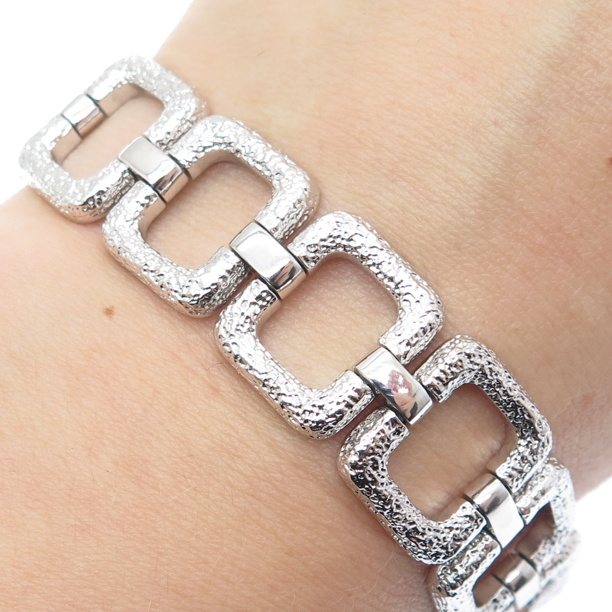 925 Sterling Silver Vintage Modernist Textured Square Link Bracelet 7"