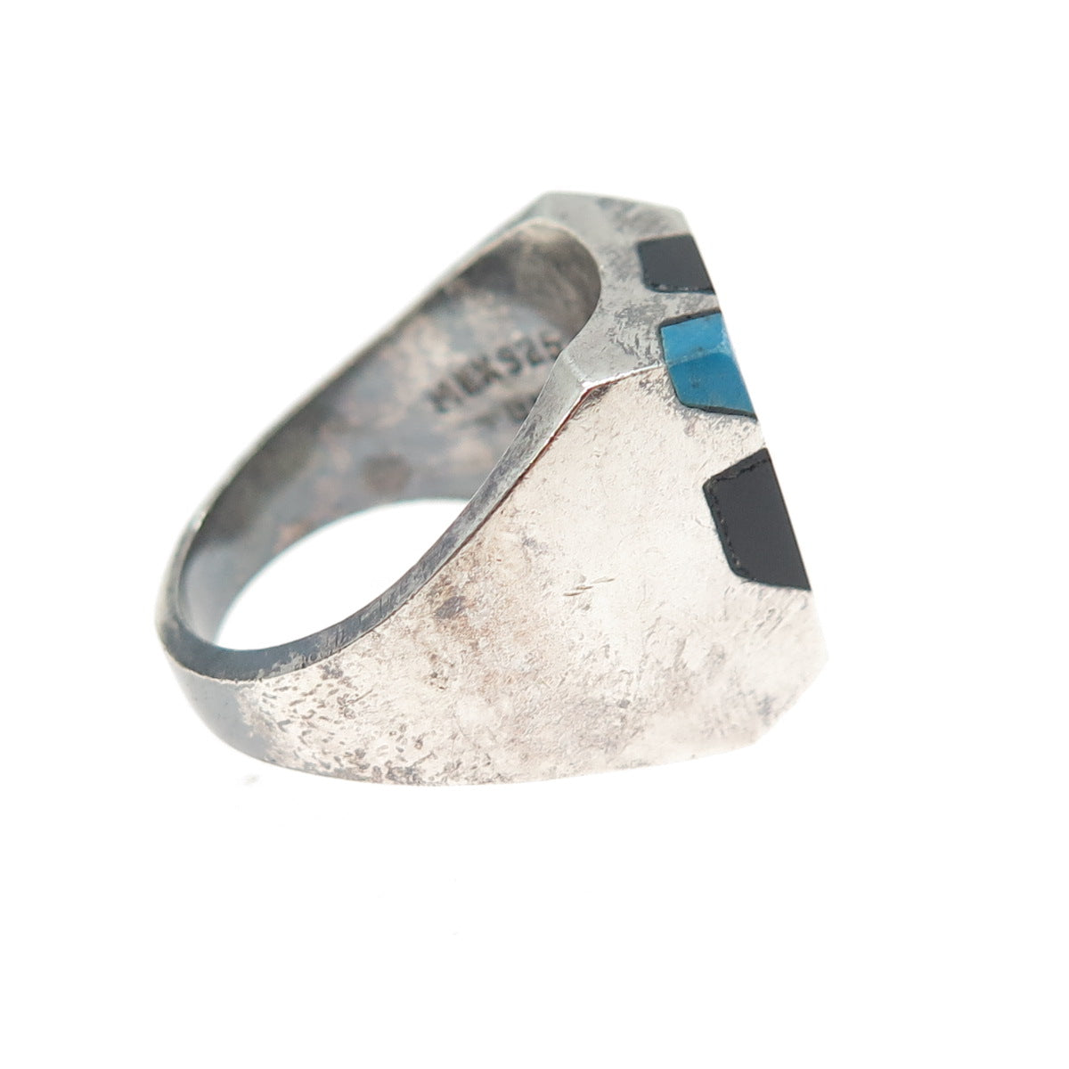 925 Sterling Silver Vintage Mexico Real Turquoise & Black Onyx Ring Size 10.25