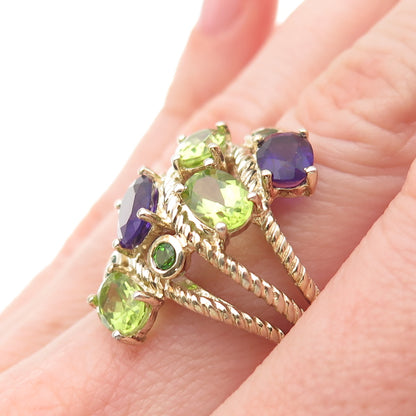925 Sterling Silver Gold Plated Real Amethyst & Peridot Cluster Ring Size 6.25