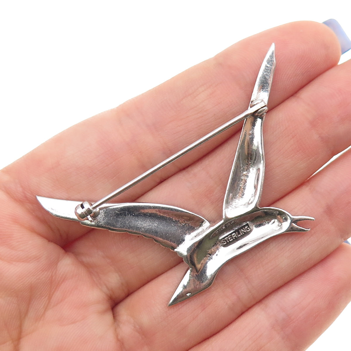 925 Sterling Silver Antique Art Deco Real Garnet & Marcasite Seagull Pin Brooch