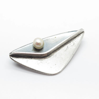 925 Sterling Silver Vintage Real Pearl Modernist Pin Brooch