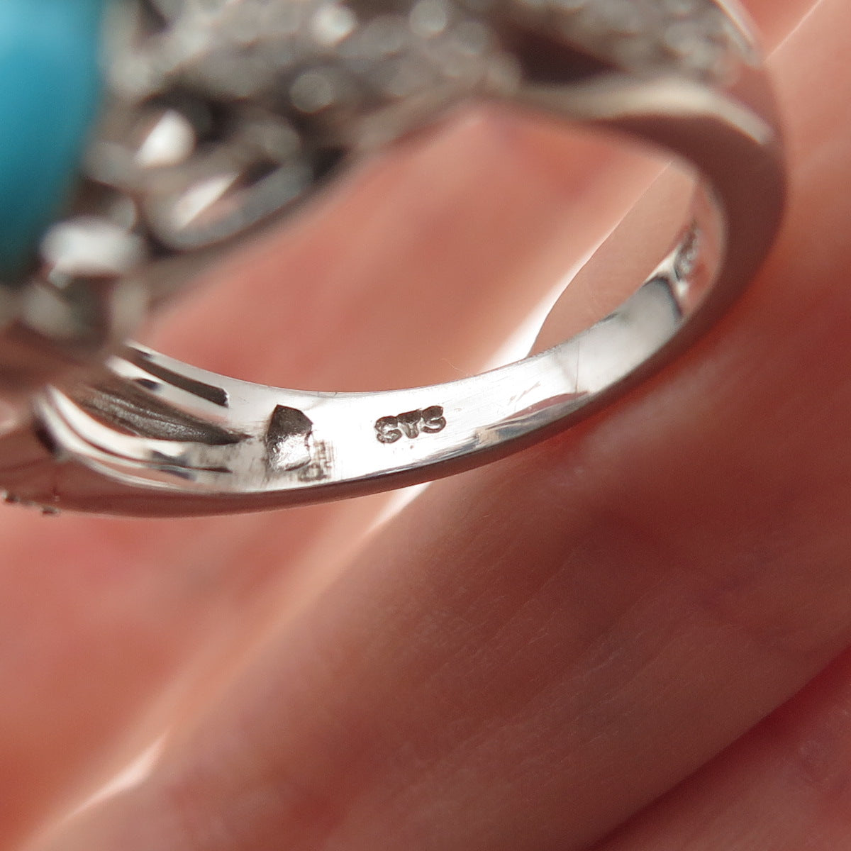 Chuck Clemency 925 Sterling Silver Real Turquoise & White Topaz Ring Size 8.25