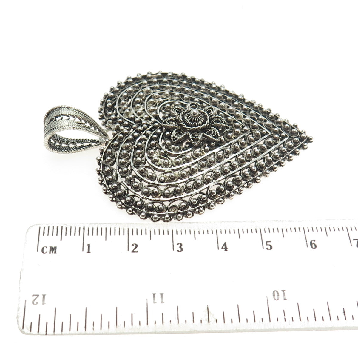 925 Sterling Silver Antique Art Deco Cannetille Heart Oxidized Pendant