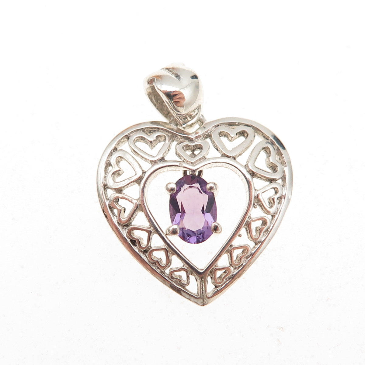 925 Sterling Silver Vintage Real Oval-Cut Amethyst Heart Charm Pendant