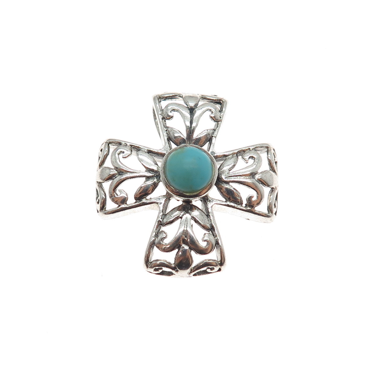 KEN CRAFTS 925 Sterling Silver Vintage Real Turquoise Ornate Cross Slide Pendant