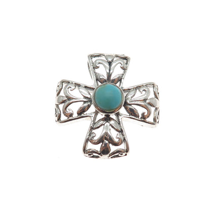KEN CRAFTS 925 Sterling Silver Vintage Real Turquoise Ornate Cross Slide Pendant