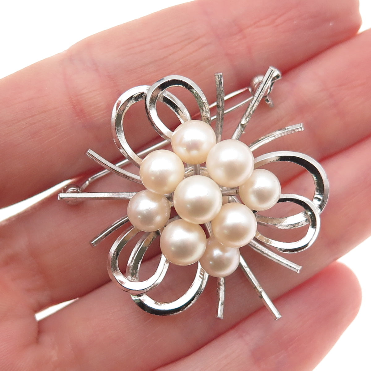 925 Sterling Silver Antique Art Deco Real Akoya Pearl Floral Pin Brooch
