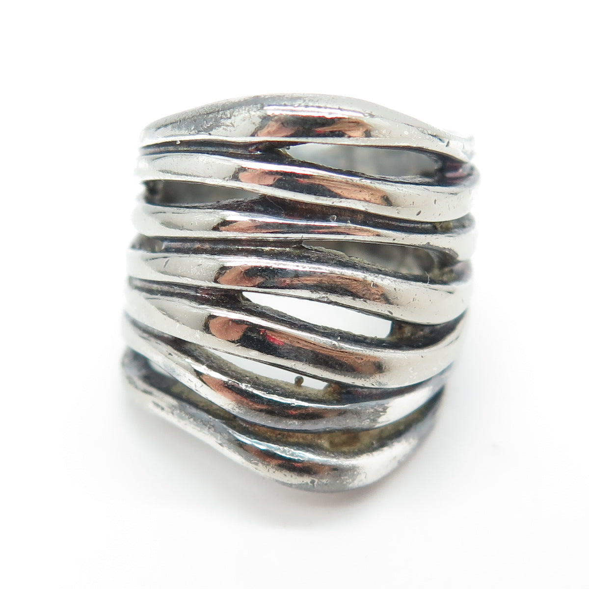 925 Sterling Silver Vintage Multi-Row Modernist Oxidized Ring Size 6