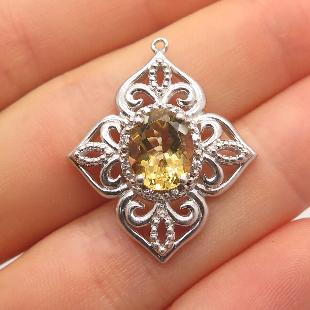 925 Sterling Silver Sai Krishna Real Diamond Accent & Citrine Gem Ornate Pendant