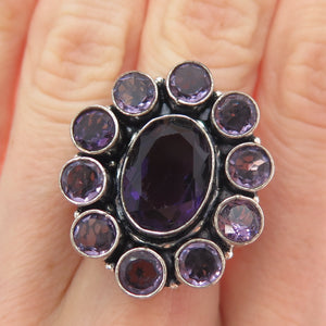 925 Sterling Silver Vintage Real Amethyst Modernist Cluster Ring Size 7.75