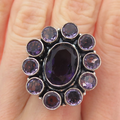925 Sterling Silver Vintage Real Amethyst Modernist Cluster Ring Size 7.75